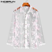 INCERUN Men Leisure Sun-proof Floral Mesh See Through Long Sleeved Lapel Shirt