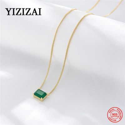 YIZIZAI 925 Sterling Silver Simple Square Green Gemstone Pendant Clavicle Chain Necklace Women Classic Plating 14k Gold Jewelry