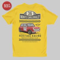 คอลูกเรือเสื้อยืดคอกลมเสื้อยืด พิมพ์ลาย Mini Cooper Rally 1972 สีเหลือง สไตล์วินเทจ คลาสสิก เรโทรผ้าฝ้ายแท้