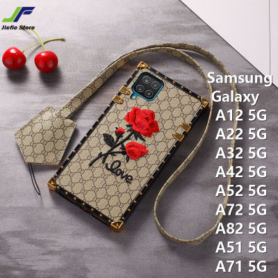 JieFie Rose ดอกไม้สำหรับ5G Samsung Galaxy A12 A52 A72 A22 A32 A42 A82 A51 A71 5G หรูหราสแควร์เคสโทรศัพท์ + เชือกเส้นเล็ก