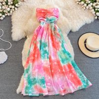 COD DSFDGESERRRRR Womens Tie Dye Korean Dress Summer Fashion Slash Neck Party Dress Retro Slim Off Shoulder Vacation Beach Midi Dresses