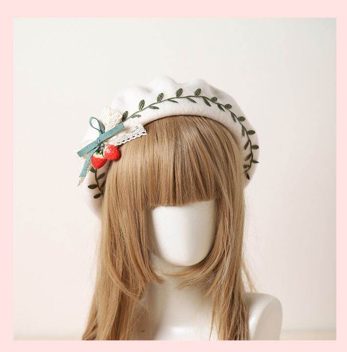 cw-lolita-hat-cute-girl-cartoon-strawberry-bow-tie-woolen-sweet