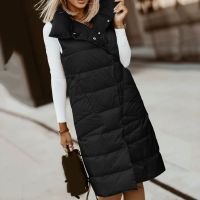 2022 New Long Vests Parkas Winter Jacket Women Casual Solid Thick Down Cotton Coat Sleeveless Turndown Collar Warm Waistcoat