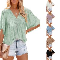 2023 summer new V-neck cardigan five quarter sleeve chiffon shirt European and American womens fashion solid color top women ❤