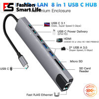 ฮับ USB 8-In-1ตัวแปลงแบบหลายพอร์ตอะแดปเตอร์3.1-4K RJ45ตัวอ่านบัตร TF PD ชาร์จเร็วใช้ได้กับ MacBook