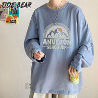 TIDE BEAR เสื้อสเวตเตอร์บางของผู้ชายคอกลมทรงหลวมไซส์ใหญ่พิเศษวินเทจลายพิมพ์แขนยาวสเวตเตอร์บางใส่เป็นคู่ลำลอง