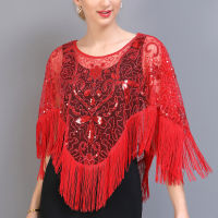 Vintage Evening Cape 1920S Flapper ชุดอุปกรณ์เสริมผ้าคลุมไหล่ผ้าพันคอ Wraps Poncho เลื่อม Beaded Fringe Cover Up