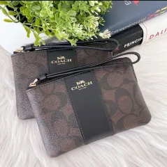 COACH Wristlet Double Corner Zip Brown/Black Signature Coated Canvas F87591  $95