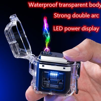 ZZOOI Transparent Shell USB Waterproof Electronic Pulse Lighter Outdoor Windproof Waterproof Double Arc Lighter Mens Gift