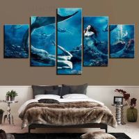 Ocean Blue Mermaid Seascape Canvas Prints - 5 Panel HD Print Wall Art For Home Decor-ไม่ต้องใช้กรอบ-เหมาะสำหรับบ้านชายหาดห้องนั่งเล่นห้องนอนหรือสำนักงาน