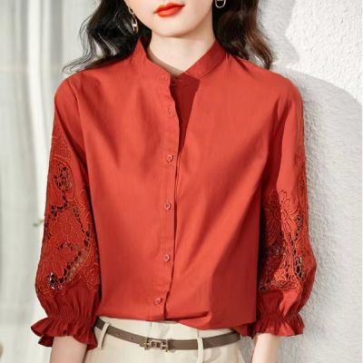 เสื้อเย็บปักถักร้อยงานประดิษฐ์สำหรับผู้หญิง,เสื้อผ้าฝ้ายสีแดงคอตั้งพิเศษแขน3/4
