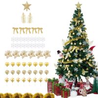 LBSISI Life 58pcs Christmas Tree Decoration Ornaments Set with Glitter Poinsettia Bows Ribbons Leaves Ball Snowflake