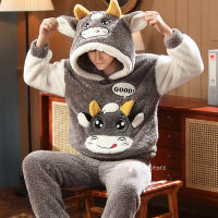 Large Bust Warm Man Fleece Pajamas Winter Men Thick Hood Flannel Kigurumi Female Pajama Set Flannel Sleepwear Velvet Nightwear