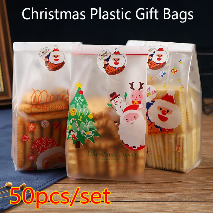 50Pcs Christmas Plastic Gift Bags Cookie Candy Biscuit Packaging Bag For Xmas Decoration