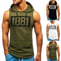 Sports Tank Tops Men Fitness Muscle Print Sleeveless Hooded Bodybuilding Pocket Tight-drying Tops Summer Shirt For Men Clothing