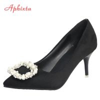 Aphixta Large Size 48 Pearl Metal Buckle Stiletto High Heels Shoes Woman Pump Thin Heel Pointed Toe Elegant Dress Office Pumps