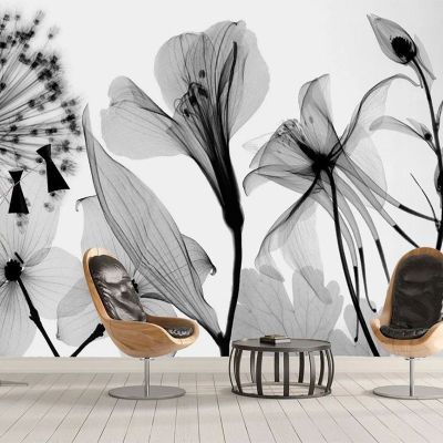 [hot]Modern Hand Painted Black And White Dandelion Flowers Mural Wallpaper 3D Abstract Art Wall Painting Living Room Papel De Parede