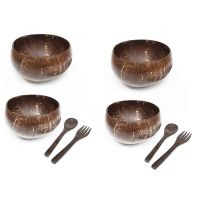 2X Coconut Bowls and Wooden Spoon Fork Set,Vegan Organic Salad Smoothie Buddha Acai Bowl for Kitchen, Dining Decoration