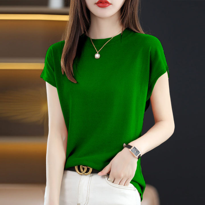 เสื้อถักสำหรับผู้หญิงสไตล์เกาหลีฤดูใบไม้ผลิฤดูร้อนใหม่เสื้อยืดขนาดผู้หญิงเพิ่มลำลองสีพื้น-atasan-rajut