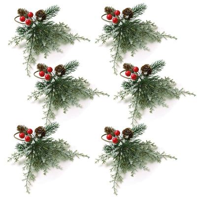 Christmas Napkin Rings Set Of 6, Napkin Holder Rings with Artificial Pine Cones Branches Red Berry Decor