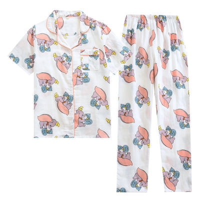Dumbo Printed Cotton Pajamas Set Short-sleeved Long Trousers Cartoon Cardigan Comfortable Pijama Mujer Verano Womens Pajamas