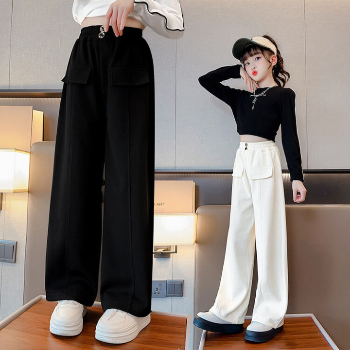 amila-กางเกงสไตล์เกาหลีลำลองเด็กผู้หญิง-สไตล์ใหม่สำหรับวัยกลางคนและเด็กโตกางเกงขาบานแฟชั่นลายทางสำหรับเด็กผู้หญิง