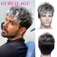 GURUILAGU Short Wigs for Men Daily Cosplay Wig Men Synthetic Straight Hair Mens Wig Gray Black Pixie Cut Wig With Bangs Wig  Hair Extensions Pads