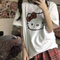 เสื้อยืด Y2k การ์ตูนอนิเมะน่ารักๆสำหรับ Sanrio Hello Kitty แขนยาวสั้นขนาดใหญ่สไตล์ฮาราจูกุแบบลำลองทรงหลวมคอสเพลย์สำหรับเด็กผู้หญิง