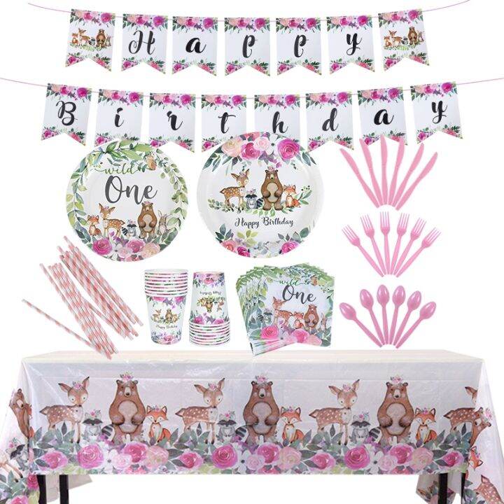 high-end-cups-woodlanddisposable-tableware-set-แผ่นกระดาษ-cupszoo-foxdeer-baby-shower-birthday-party-decoration