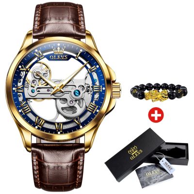 ⌚OLEVS นาฬิกาข้อมือผู้ชาย,นาฬิกาข้อมือกลไกนาฬิกาอัตโนมัติกันน้ำสายหนังหรูหรากล่องของขวัญส่องสว่างนาฬิกาข้อมือ
