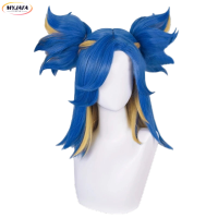 Game Valorant Neon Cosplay Wig Short Blue Mix Blond With 2 Clip Ponytails Heat Resistant Synthetic Hair Role Play Wigs + Wig Cap