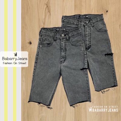 [พร้อมส่ง] BabarryJeans ยีนส์สามส่วน เอวสูง ผ้ายีนส์ยืด ขาดข้าง ปลายตัด สีดำสโนว