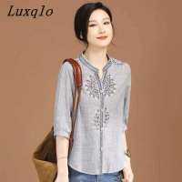 Luxqlo เสื้อสตรีแฟชั่น,เสื้อผ้าฝ้ายพิมพ์ลายย้อนยุคแขน3/4ส่วนทรงหลวมลำลองเสื้อลายทางสำหรับผู้หญิง