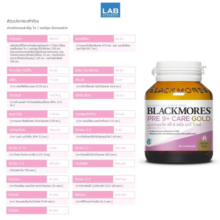 blackmores-pre-9-care-gold-30-capsules-แบลคมอร์ส-พรี-9-พลัส-แคร์-โกลด์-วิตามินและแร่ธาตุรวม-พร้อมสารอาหาร-21-ชนิด-1-ขวด-บรรจุ-30-เม็ด