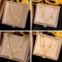 Fashion Jewelry Double Layer  Stainless Steel Star Turquoise Round Pendant Necklace For Women New Multilayer Choker Chain Jewelry Gifts