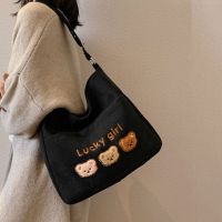 Summer corduroy canvas bag one-shoulder large bag women 2023 new large-capacity cute casual bear shopping bag 【BYUE】