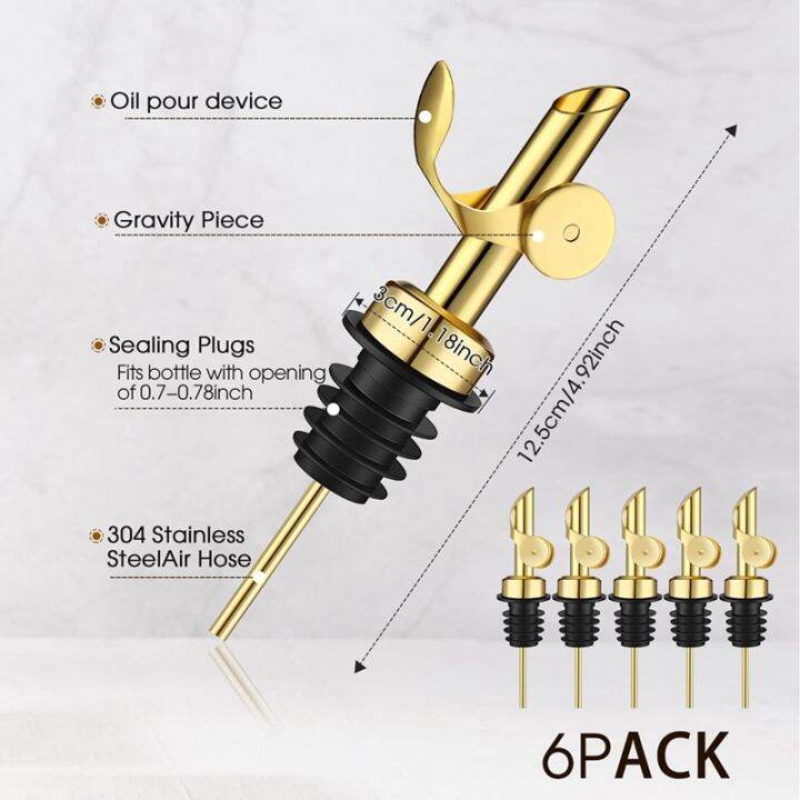 6pcs-stainless-steel-weighted-liquor-bottle-pourers-auto-flip-olive-oil-dispenser-spout-gold