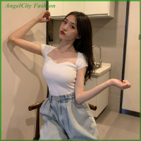 AngelCity เสื้อสวมหัวเสื้อแขนสั้นรัดรูปสีทึบของผู้หญิงเสื้อยืดถักสี่เหลี่ยมเซ็กซี่ร้านแฟชั่น