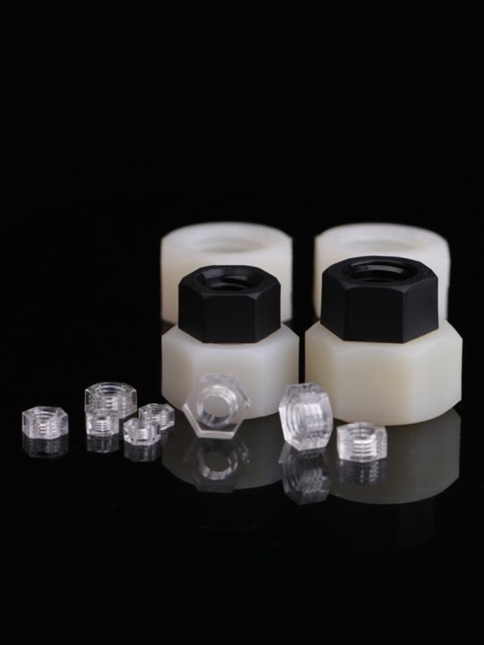 8-10-20-30-50pcsplastic-hex-nuts-m2-to-m20-nylon-pa66-heat-insulation-hexagon-lock-nut-thread-bolt-cap-black-white-clear