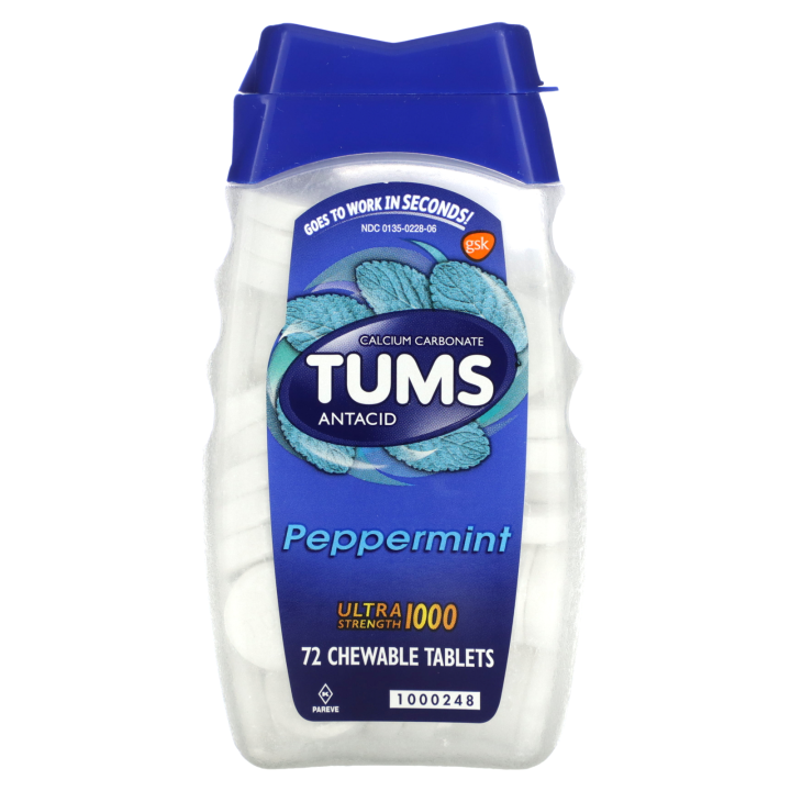 Tums, Calcium Carbonate Antacid, Peppermint, 1,000 mg, 72 Chewable