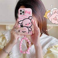 เคสโทรศัพท์สำหรับ iPhone 14 13 12 11 Pro Max หมูสี3D พร้อมสร้อยข้อมือเคสมือถือฝาครอบเคสโทรศัพท์