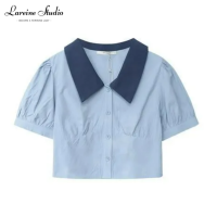 LAREINE เสื้อยืดสตรีสไตล์เกาหลี,เสื้อคอโปโลแขนพองสั้น