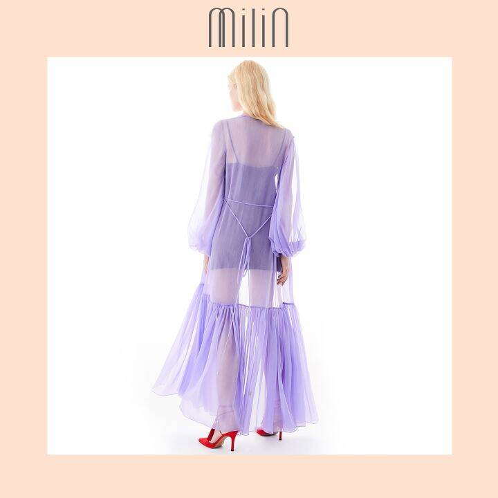 milin-balloon-sleeve-robe-with-ruched-hem-detail-เสื้อคลุม-ตัวยาว-ผ้าชีฟองโปร่ง-แขนทรงบอลลูน-violet-beige-สีม่วง-สีเบจ-gong-he-robe