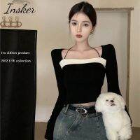 Insker- เสื้อยืดแขนยาว คอสี่เหลี่ยม ตัวสั้น เข้ารูป สีดํา แฟชั่นฤดูใบไม้ร่วง สําหรับผู้หญิง V728