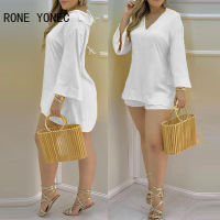 Women Two Piec Set Solid Plain Bell Sleeve V-Neck Top &amp; Shorts Set Outfit Summer suit