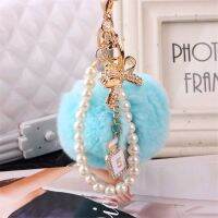 【DT】Car Women handBag Key Chain Fashion Pearl Chain Crystal Bottle Bow Pompom Keychain Fluffy Puff Ball Keychains Jewelry hot