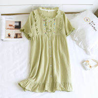 Japanese summer ladies nightdress 100 cotton crepe cute skirt thin embroidery flowers short-sleeved home skirt plus size sleep