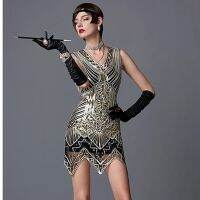 Womens 1920s Sequin Beaded Tassels Hem Flapper Dress Sleeveless Gold Thread Embroidery Fringe Great Gatsby Party Dress