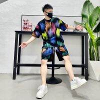 【Hot Sale】 mens fashion handsome suit summer tide brand street graffiti design round neck heavy short-sleeved two-piece set