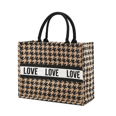 Hot Women Summer Luxury Jute Handbags For Beach Vintage Swallow Gird Printing Shoulder Bags Daily Use Female Leopard Shopping Tote